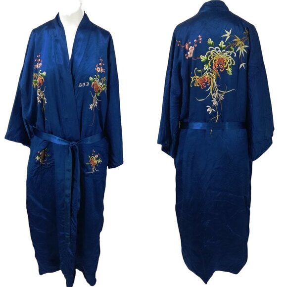 Vintage Other - Vintage Silky Kimono Robe Size XL Embroidered Flowers BJD Smoking Jacket Asian